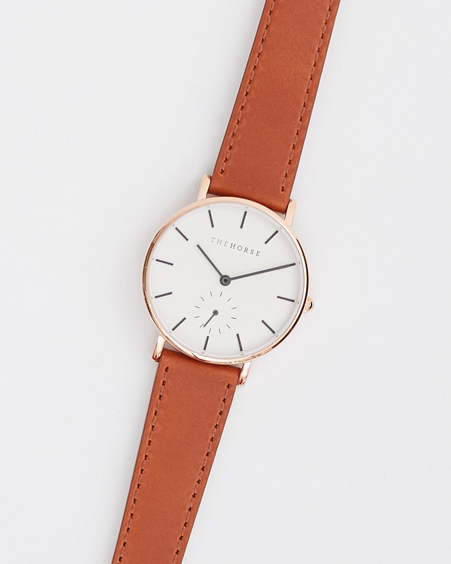 The Classic: Rose Gold Case / White Dial / Charcoal Indexing / Walnut Leather