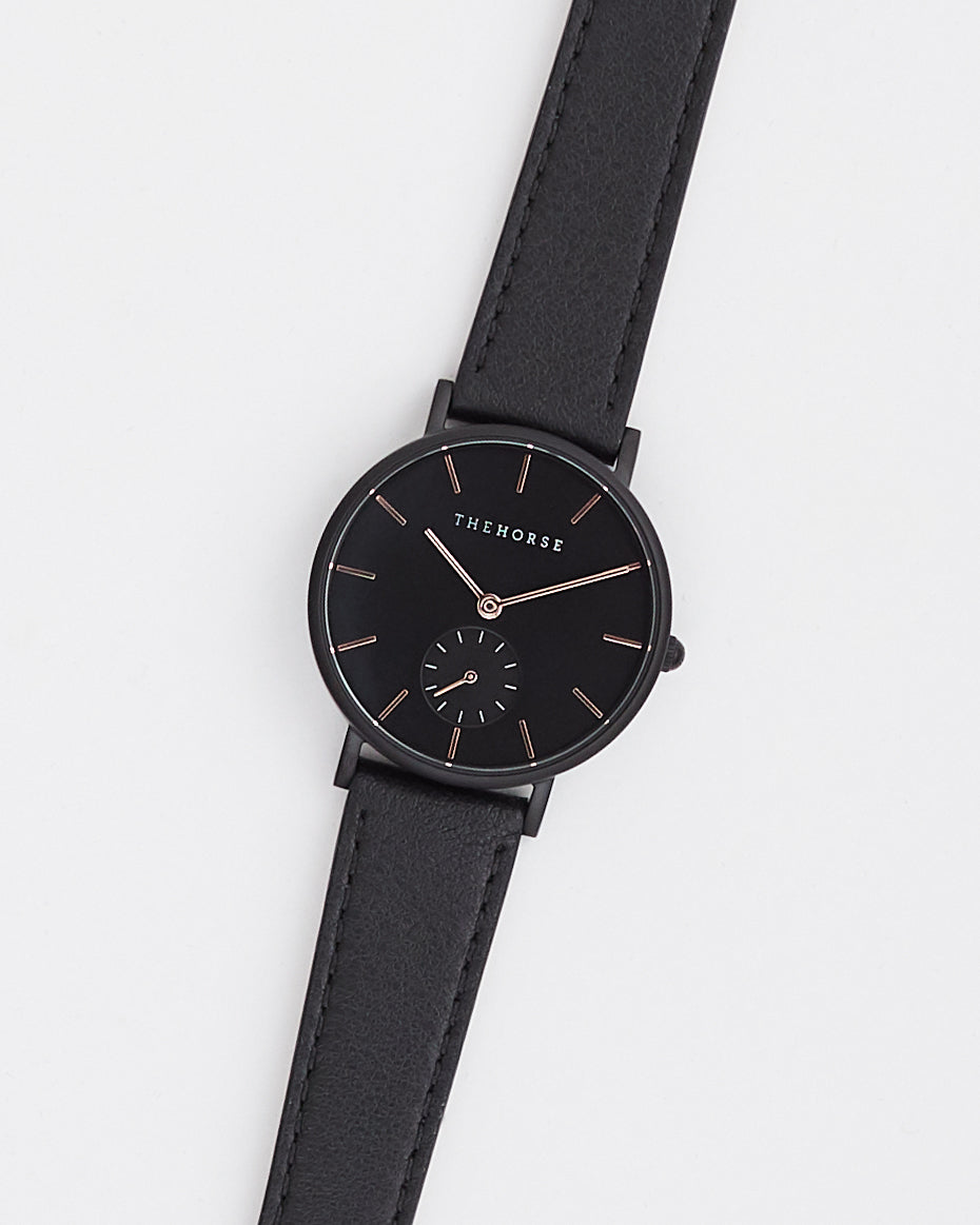 The Classic: Matte Black Case / Black Dial Rose Gold Indexing / Black Leather