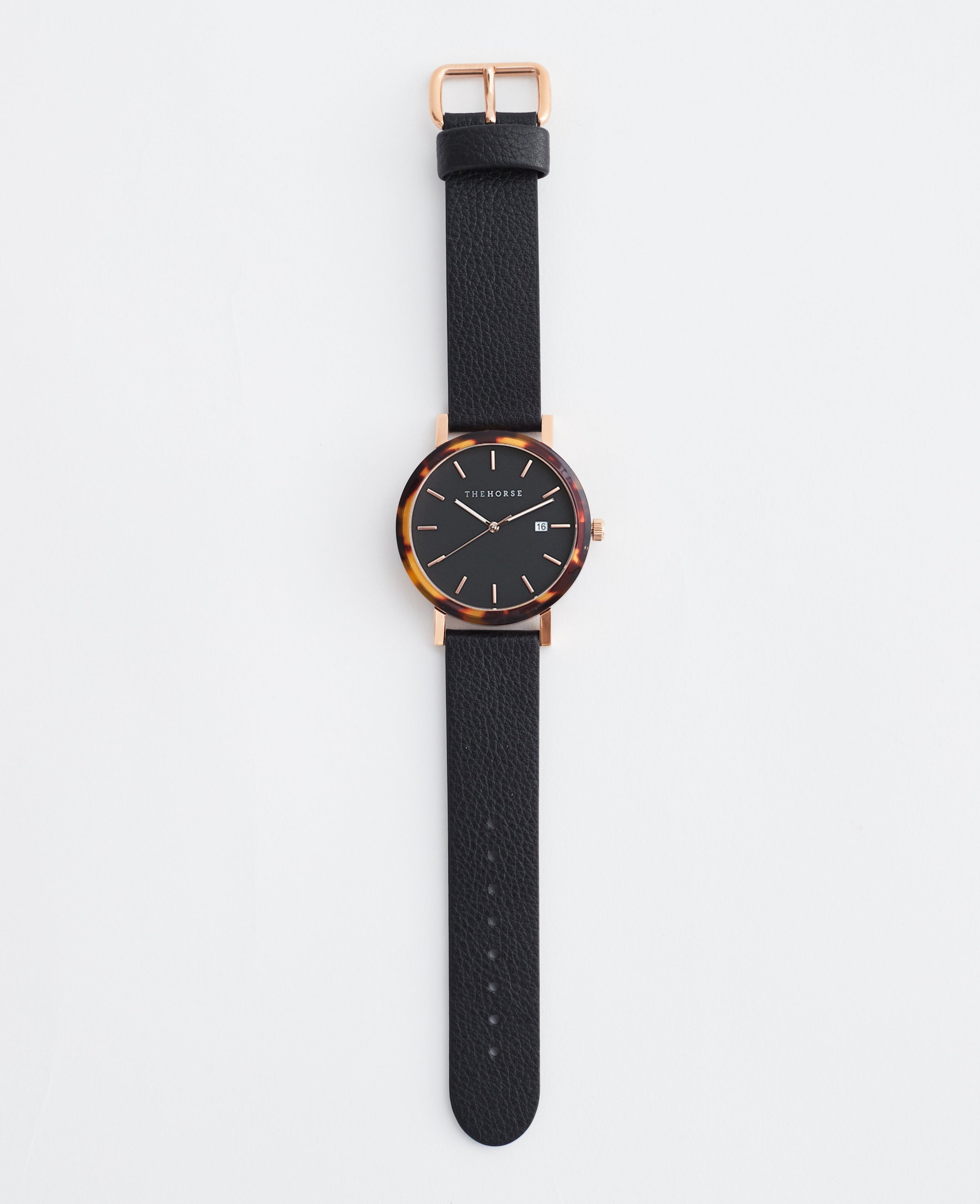 The Resin: Brown Tortoise / Black Rose Gold Dial / Black Leather