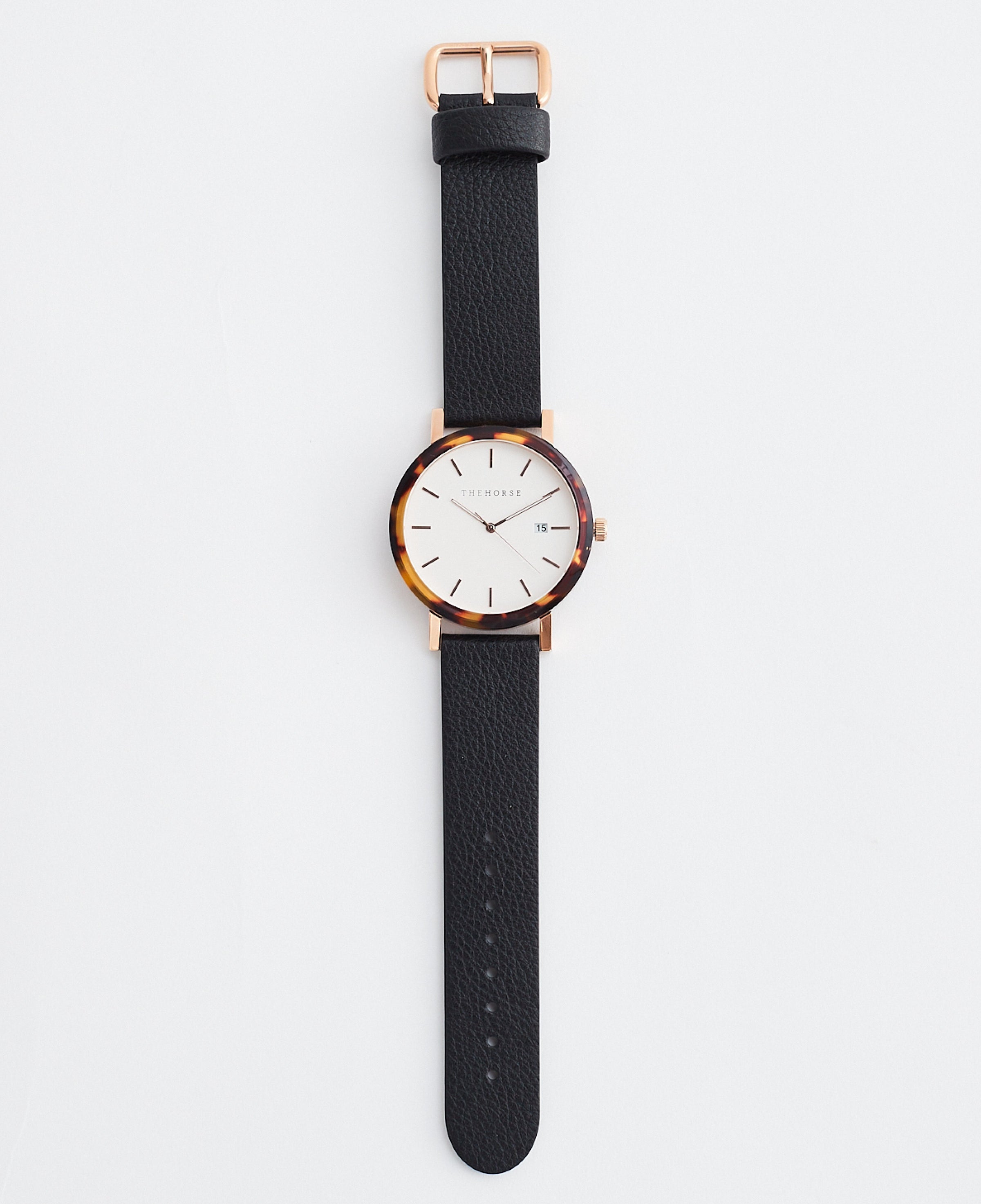 The Resin: Brown Tortoise / White Rose Gold Dial / Black Leather